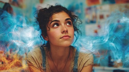Young woman with curly brown hair, looking thoughtfully with colorful smoke effects in the background. Concept of creativity and imagination.