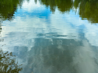 The tranquil reflections on a calm lake, beautifully surrounded by lush greenery and vibrant blue...