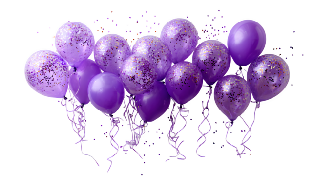 Purple balloons with glitter confetti on a white background