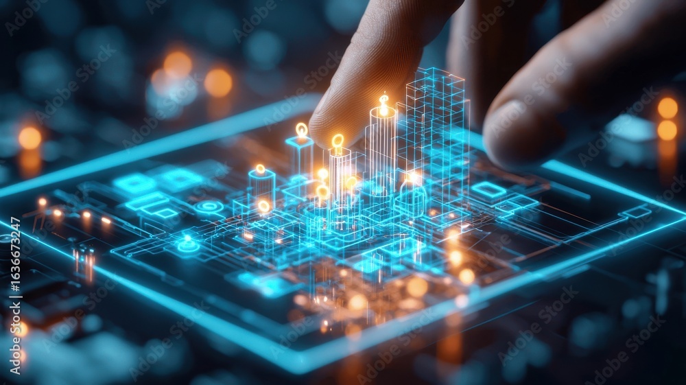 Poster engineer civil simulation concept. a hand interacts with a digital cityscape hologram on a touchscre