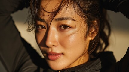 Close-up portrait of a young Asian woman with long dark hair, smiling softly. She has a natural glow and is wearing a black athletic top.
