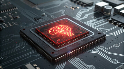 Computer chip with a glowing red brain symbol on top