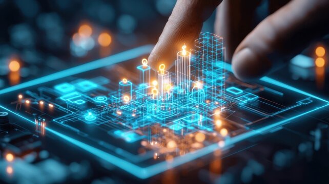 Engineer civil simulation Concept. A hand interacts with a digital cityscape hologram on a touchscreen interface.
