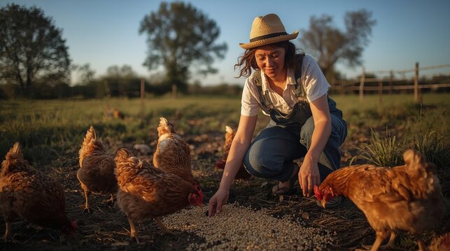 Farmer feeding chickens in a field at sunset