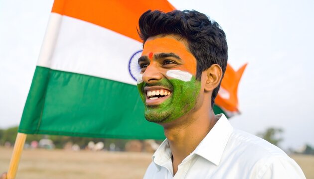 Joyful Indian man with face paint and flag celebrates national pride with a bright, beaming smile - Powered by Adobe