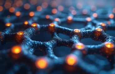 Microscopic view of nanotechnology structure with glowing nodes. Abstract high-tech background representing molecular connections in electronics or medicine. Advanced science, research, innovation.