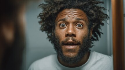 A surprised young African man with curly hair and a beard looks into a mirror. His expression shows shock and curiosity in a well-lit bathroom setting.