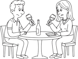 Line art illustration of couple experiencing an awkward wine tas