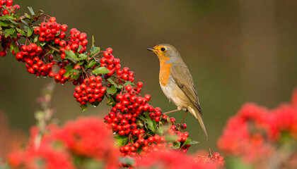 Fototapeta premium Robin perched on branch with vibrant red berries in natural setting