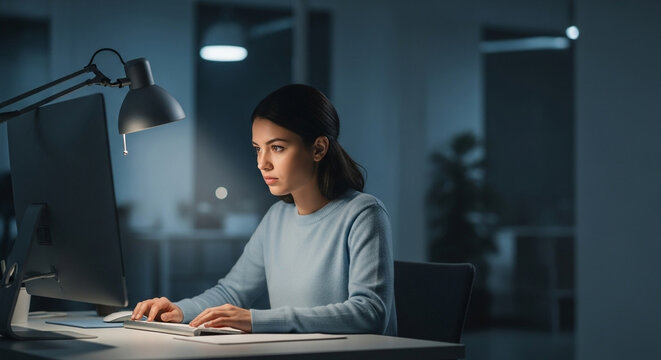 A dedicated businesswoman works late into the night on her computer, showing commitment to meeting a deadline. Perfect for project management concepts