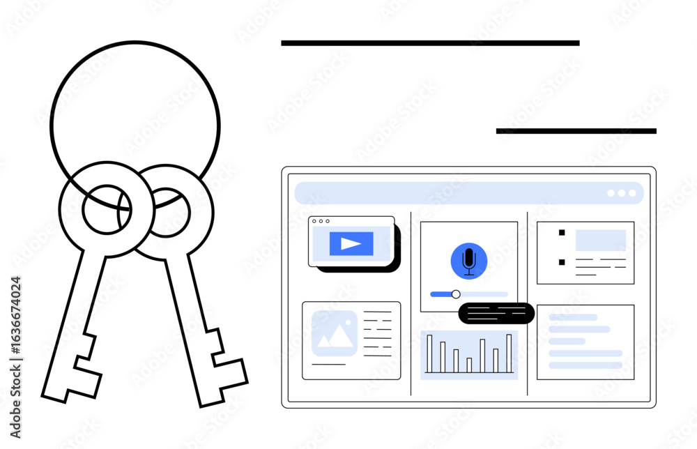 Poster two interlocked keys beside a digital dashboard displaying graphs, videos, and notifications. ideal 