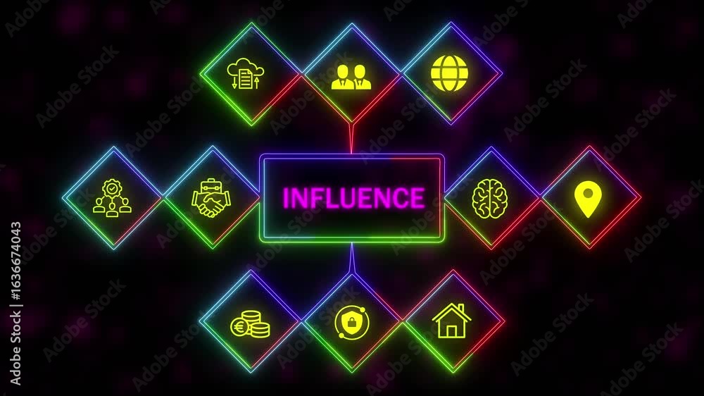 Poster a influence concept button on a futuristic .neon abstract seamless animation of hue effect backgroun