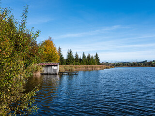 Boat house , reeds and forest at the lake shore