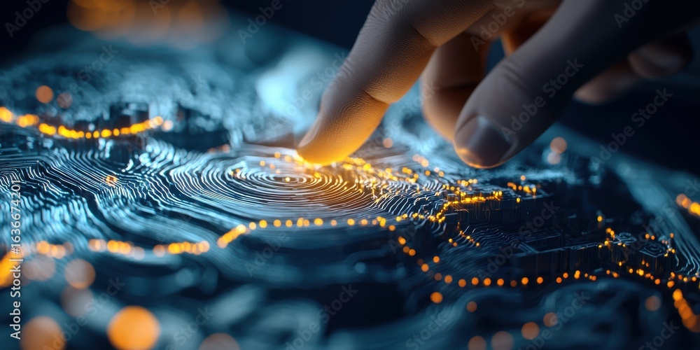 Poster engineer civil simulation concept. a hand interacts with a glowing, digital map showcasing intricate