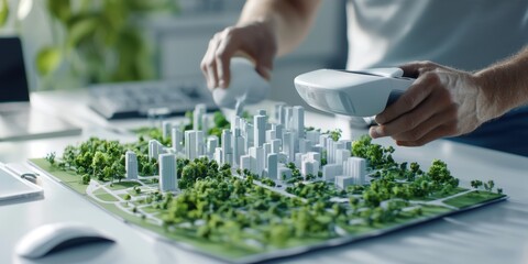 Engineer civil simulation Concept. Modeling an urban landscape with a 3D model and technology in a design workspace.