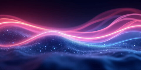 Abstract flowing light waves in purple and blue digital illustration backdrop with glowing lines and curves