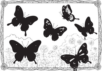 Vibrant butterflies soaring over sketched floral landscape, colo