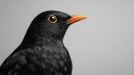 Fototapeta premium A close-up of a black bird with a distinctive orange beak and bright yellow eye, showcasing its sleek feathers against a neutral background.