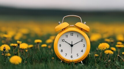 A vibrant yellow alarm clock sits amidst a field of dandelions, symbolizing the passage of time and the beauty of nature.