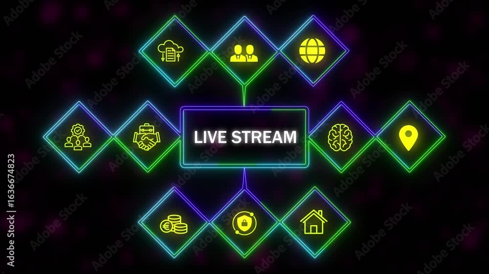Poster a live stream concept button on a futuristic .neon abstract seamless animation of hue effect backgro