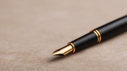 Fototapeta premium A sleek black fountain pen with a gold nib rests on a smooth surface, symbolizing elegance and precision in writing.