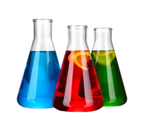 Laboratory Flasks, Beaker, and Test Tube with Colored Liquids, isolated on a transparent background