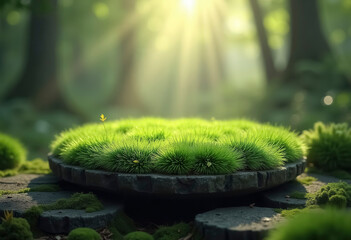 A flat, circular platform made of moss, set against a forest backdrop