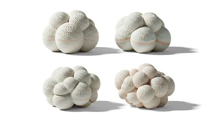 Four textured organic sculptures resembling coral or cloud formations isolated on white background
