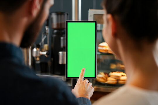 Over the shoulder view of a couple using a tablet with a green screen to order at a cafe counter. - Powered by Adobe