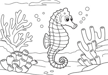 Black and white seahorse in the ocean with corals, perfect for c