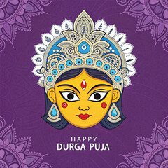 Durga  Face Art and Goddess Durga Puja Social Post Design