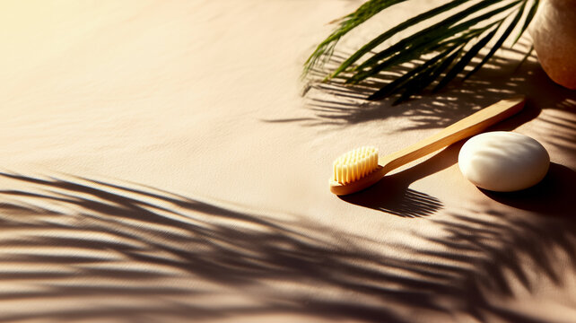 Eco-friendly personal hygiene products such as toothbrush and handmade soap, copy space with the concept of eco-friendly lifestyle, zero waste life and conscious consumer behavior in modern markets