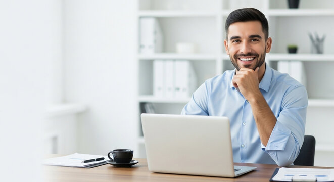 An approachable businessman sits confidently at his office desk with a laptop, embodying modern entrepreneurship and a successful career mindset