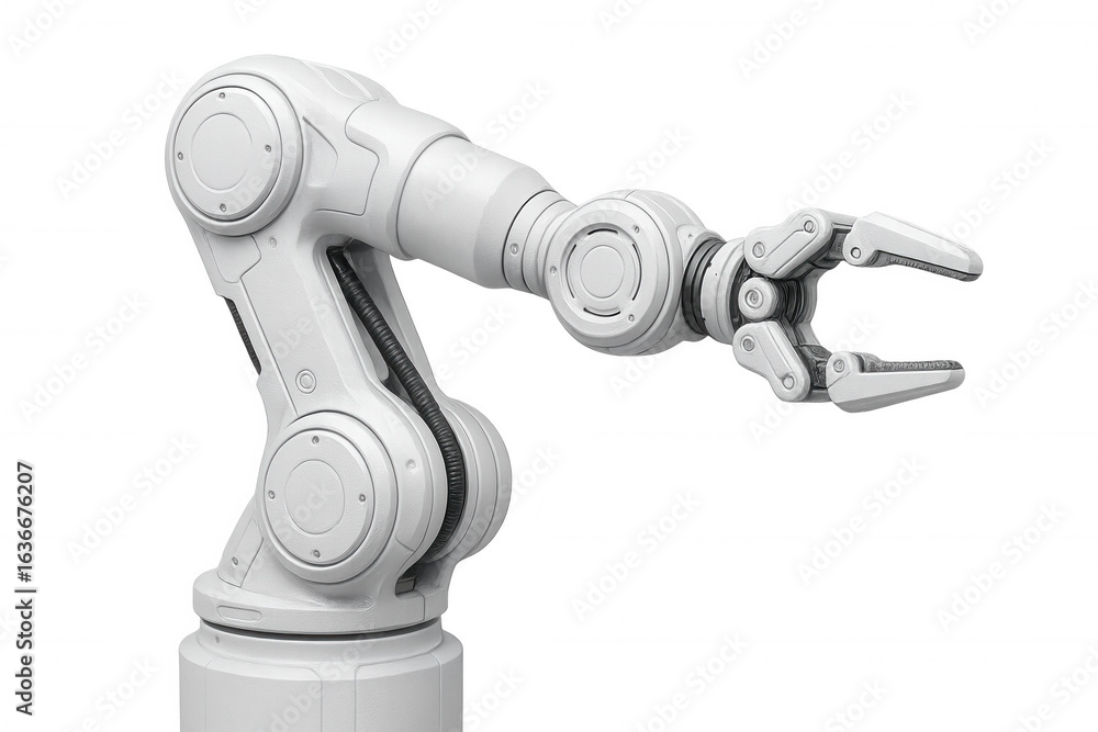 Poster white robotic arm extending its claw against a transparent background, ready for manipulation and au