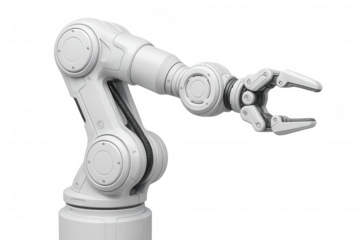 White robotic arm extending its claw against a transparent background, ready for manipulation and automation tasks