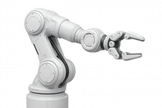 White robotic arm extending its claw against a transparent background, ready for manipulation and automation tasks
