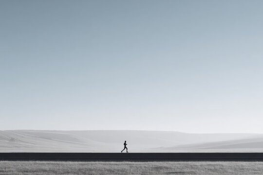 Lonely figure walks along vast, minimalistic landscape under cle
