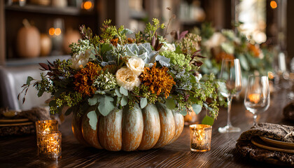 Fototapeta premium Fall Floral Centerpiece with Pumpkins and Greenery, leafy greenery, harvest theme