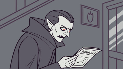 A classic vampire with pointed ears and red eyes intently reads a coupon perhaps looking for a discount on blood or coffin polish