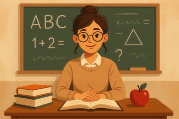 Young Teacher Sitting at Desk with Books and Apple – Stylized Educational Scene