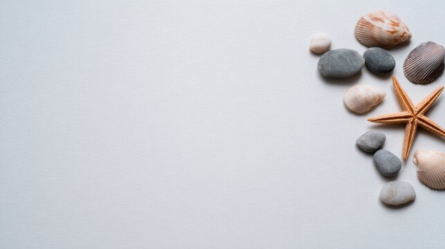 A collection of seashells and pebbles arranged on a light background, featuring a prominent starfish among natural coastal elements. - Powered by Adobe