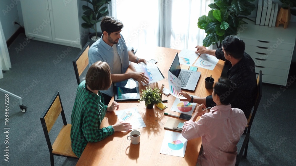 Poster top view of business people discuss idea while marketing team joining meeting. manager pointing fina