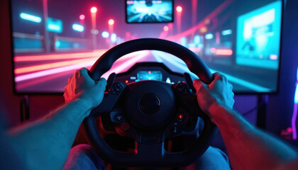 Hands grip racing steering wheel in dark room with neon lights. Player controls virtual car on screen, enjoying intense gameplay. Digital racing simulation for entertainment and competition.