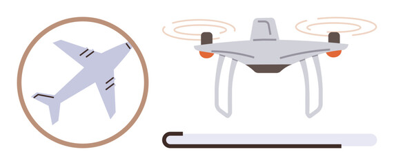 Airplane within circular frame alongside a quadcopter drone with spinning rotors. Ideal for aviation, innovation, technology, modern transportation, drone usage, aerodynamics, futuristic concepts