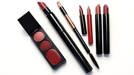 A sophisticated makeup collection featuring a dark red lip gloss, a concealer pen, and a small eyebrow brush, placed on a clean white background. Full frame .
