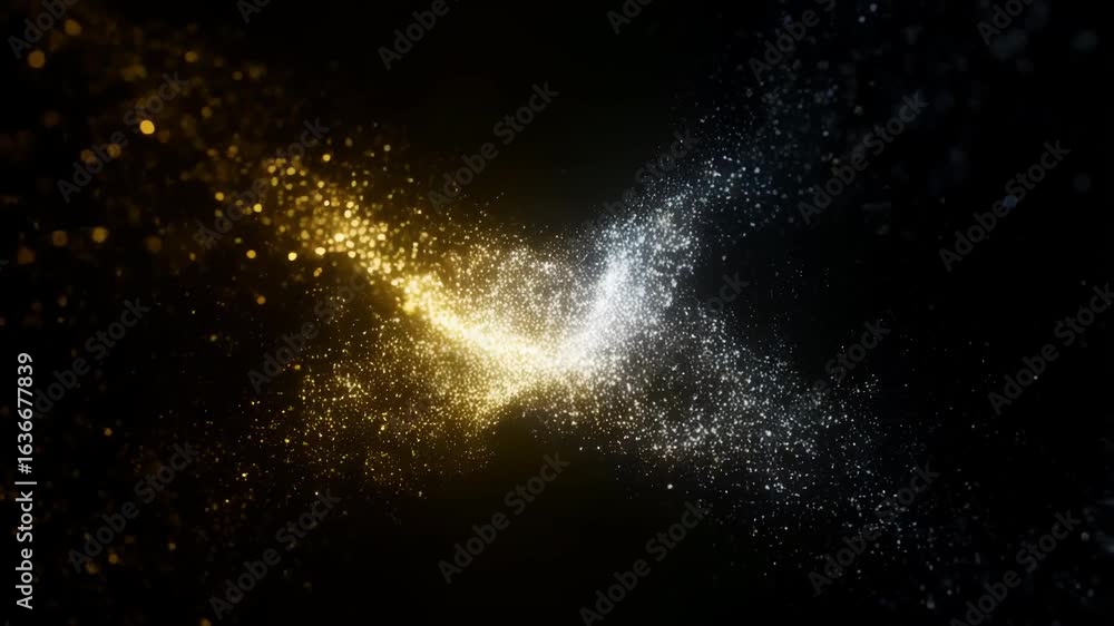 Poster abstract particles collision with gold and white light trails on black background representing energ