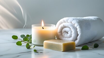 Candle and Soap Scene on white Minimalist Background with Negative Space