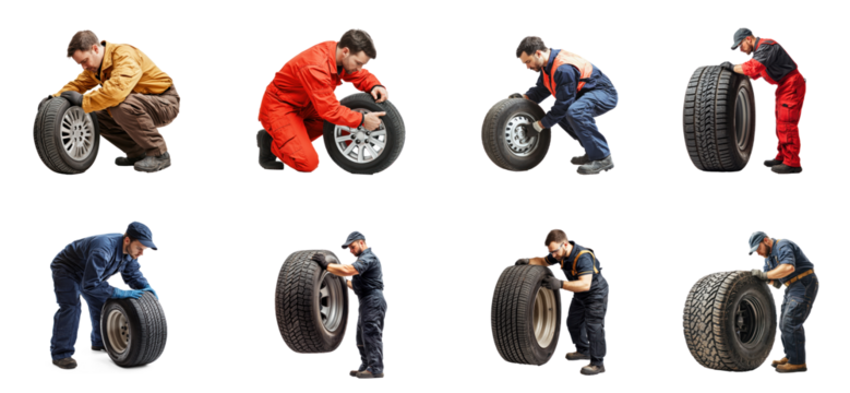 Collection of Mechanic changes a flat tire on the roadside. full length isolate on transparent background