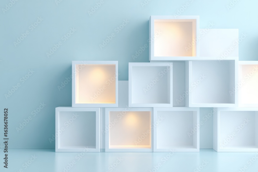 Poster minimalistic display of illuminated white boxes against soft blu