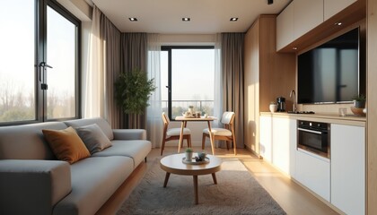 Fototapeta premium Modern compact studio apartment features sleek modular furniture, abundant natural light, cosy minimalist Scandinavian design. Living space includes comfortable sofa, coffee table, dining area,